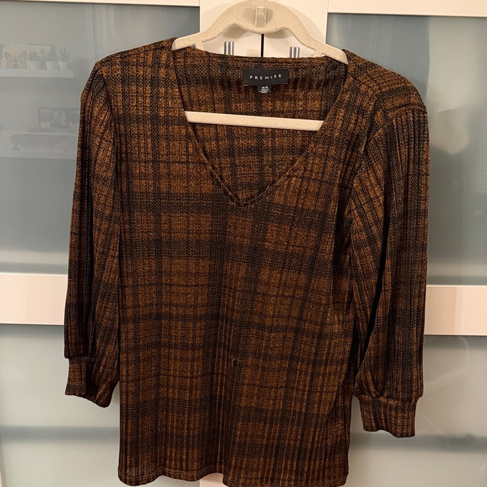 Premise Brown Plaid V-Neck Long Sleeve Top